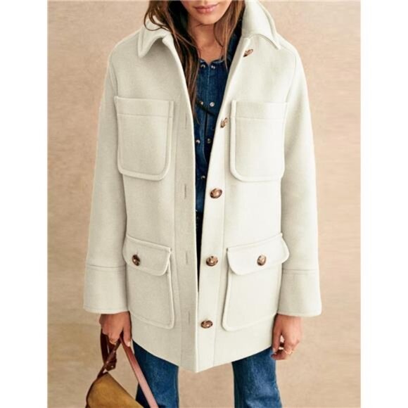 Womens Winter Elegant Pea Coat Mid Long Beige